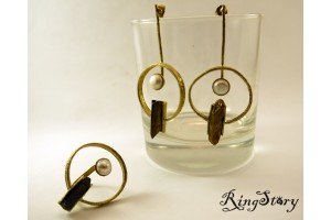 Серьги круглые с жемчугом и графитом из бронзы